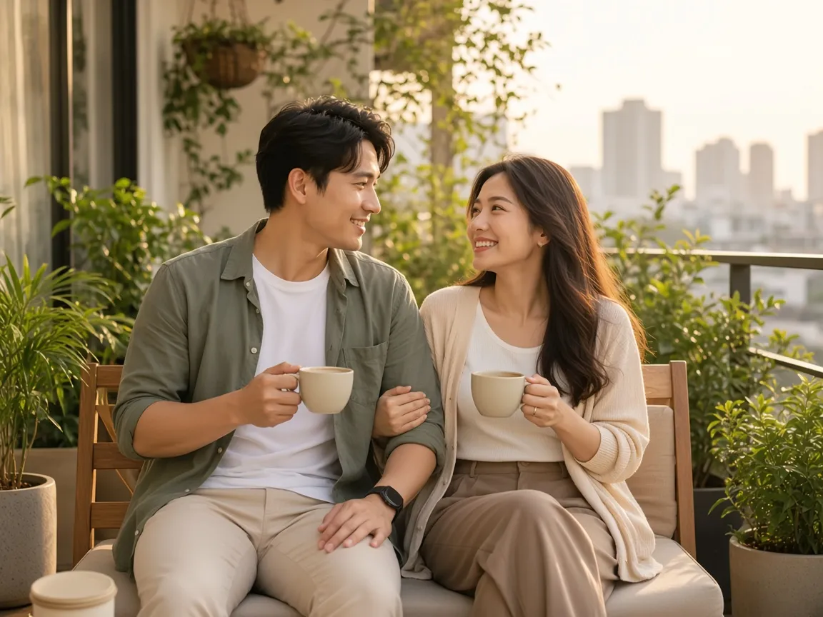 ภาพประกอบ: คู่รักนั่งคุยกันอย่างเปิดใจที่ระเบียงยามเย็น